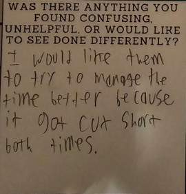 An anonymous handwritten student feedback form. The transcription follows below the image.