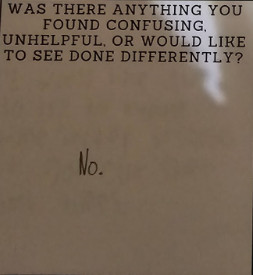An anonymous handwritten student feedback form. The transcription follows below the image.